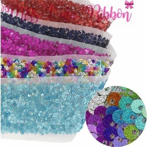 3"75mm Scatter Sequin Tape (Back Side with Tulle, 9.5cm Width Added 1cm Edge Both Side) 30yards/Pack (3*10y/roll) Rainbow