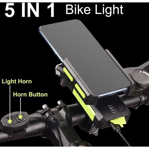 5 in 1 Bicycle Light Bike Horn Phone Holder Cycling Flashlight Warning Light Bike Front Light MTB Bike Accessories as Power Bank