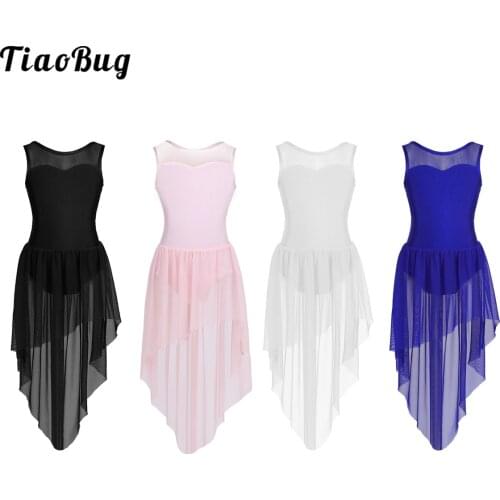 4 To 14 Years Girls Sleeveless Splice Open Back High-Low Hem Ballet Dance Gymnastics Leotard Dress