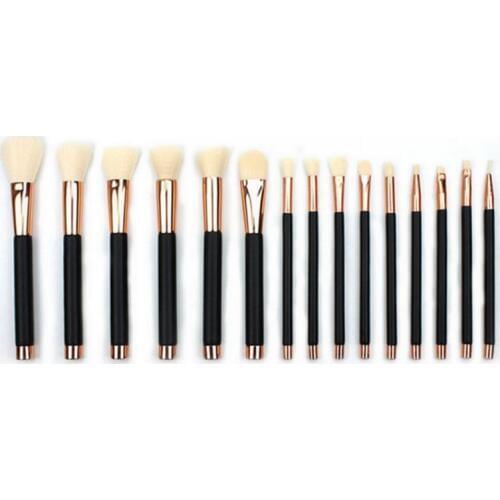 Black wooden handle 15pcs cosmetic brushes kits synthetic hair silver aluminum collar makeup brush set in make up
