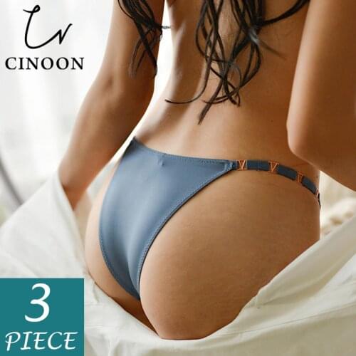 CINOON 3 Pcs/Lot Fashion Sexy Panties Metal Solid Underwear Low Waist Sport Briefs Silky Fabric T-back Elasticity Femal Lingerie