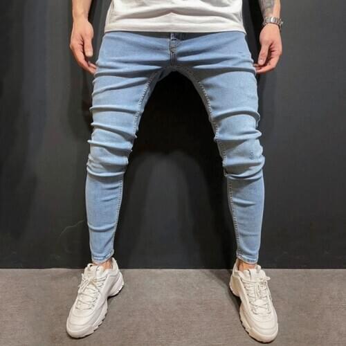 Mens Stretch Biker Jeans Mid Waist Solid Color Slim Fitting Washed Wild Casual Trousers Daily Style Pencil Pants wirh Pocket