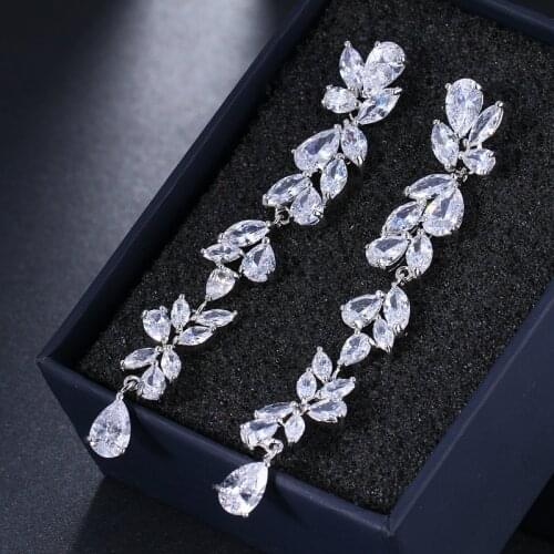 Ekopdee Luxury Flower Cubic Zirconia Long Earrings For Women Trendy Crystal Dangle Tassel Earrings Female Bridal Wedding Jewelry