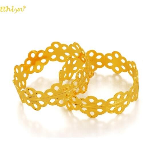 Ethlyn 5.3cm/2pcs Beautiful Hollow Flower Bracelet Bangle for Girls Gold Color Bangle Ethiopian Party Jewelry MY94