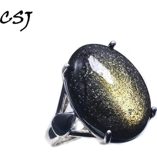 CSJ Big Stone Real Natural Obsidian Rings Sterling 925 Silver Gold Eyes Obsidian Oval13*18mm Fine Jewelry for Man and Women