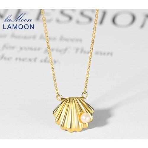 LAMOON 925 Silver Natural Freshwater Pearl Shell Pendant Necklace For Women 14K Gold Plated Fine Jewelry Necklace korean LMNI146