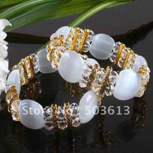 Fashion White Color Cats Eye&Crystal Beads Stretch Bracelets one piece gcb1155