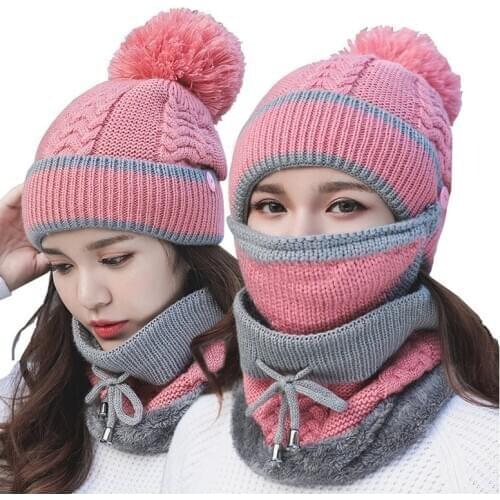 Set 3 Anti-fog Hats Women Winter Beanies Velvet Thick Bib Mask Skullies Beanie Hat Dustproof Hats Female Warm knitted Wool Cap