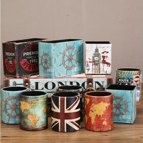 Sharkbang Vintage PU Leather Desktop Pen Holder Desk Organizer Storage Box School Office Stationery Accessories