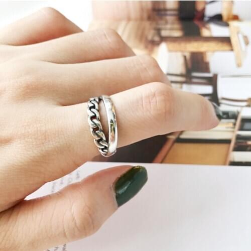 Irregular do vintage suave bloqueio corrente thai anel de prata 925 prata esterlina tamanho ajustável anel jóias atacado