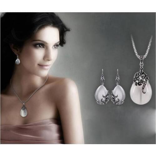 New Arrival Water Drop Shape Lond Chain Pendant Necklace 925 Sterling Silver Necklace With Opal WomenParty Jewelry Set