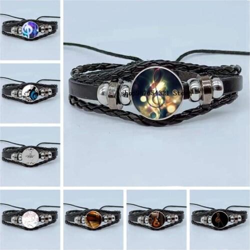 New Violin Note Bracelet Round Glass Bracelet Convex Glass Multilayer Woven Leather Bracelet Jewelry