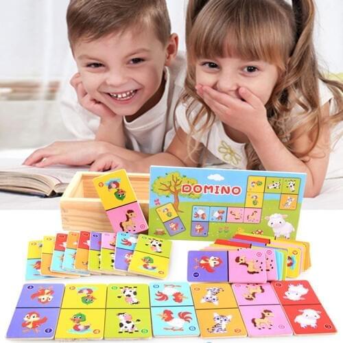 28pcs Wooden Children Building Board Game Domino Solitaire Early Animal Learn Educational Toys Childrens Color Building Blocks