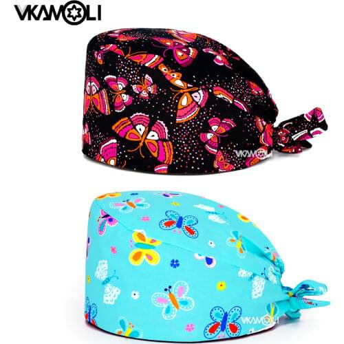 Wholesale man scrubs cap laboratory work cap pet caring Elastic Sweatband nursing Hats Butterfly print scrubs women uniform
