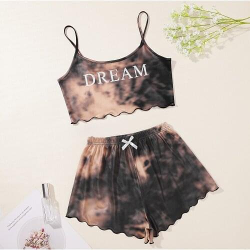 Personality Fashion Ladys Summer DREAM Print Tie-dye Camisole With Shorts Pajama Set Comfortable Home Wear Sleepwear