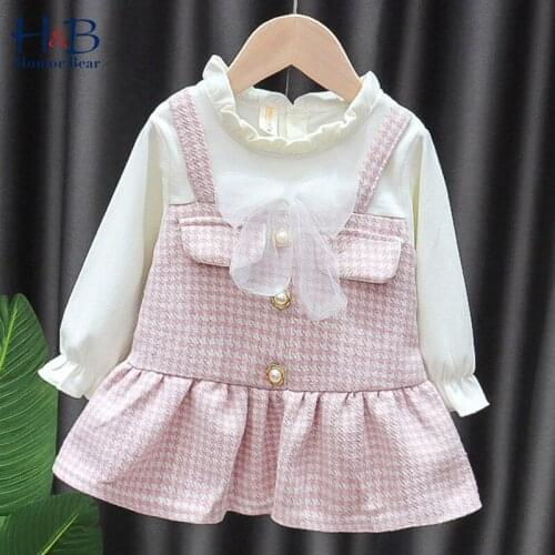 Humor Bear Baby Dress New Spring Autumn Long Sleeve Ruffle Plaid Printed Fake Two Piece Princess Dress Toddler Clothes