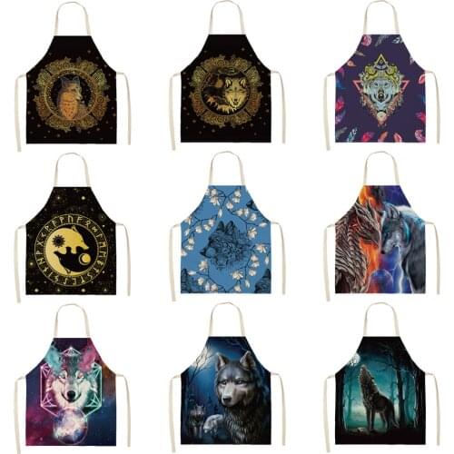 Stars Moon Wolf Head Printed Pattern Apron Sci-Fi Style Sleeveless Apron Fashion Party Apron Cooking Apron Cotton Linen Apron