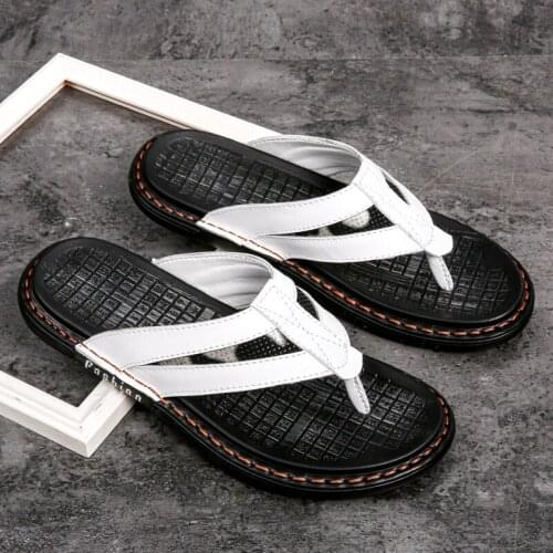 New Casual House Slippers Leather Flats Flip Flop Men Non-slip Man Beach Shoes Male Summer Sandals Lightweight Breathable Indoor
