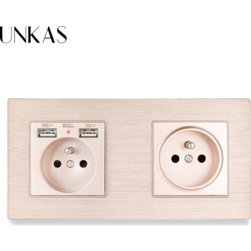 UNKAS Gold Aluminum Metal Panel Wall Socket French Standard With Dual 2.1A 16A USB Charging Port+ 1 Gang French Socket