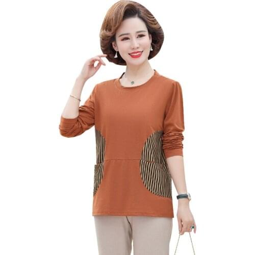 Spring Autumn Mother Long Sleeve Tops Stripe Patchwork Women Clothing Casual Plus Size 5XL Women Pocket Pullover T-Shirts New