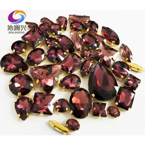 Wine red Gold base mix shape top crystal glass sew on stones,Super flash claw rhinestone diy/Clothing accessories 58pcs/pack