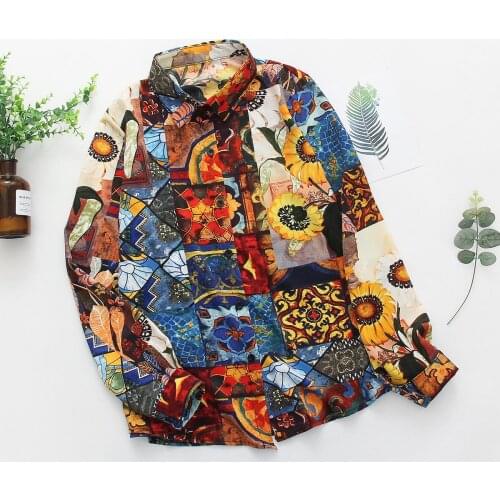 Vintage Women Blouses sunflower oil painting Hawaii shirts 2020 Spring Autumn Long Sleeve Shirt Camisas Tops Mujer blusas