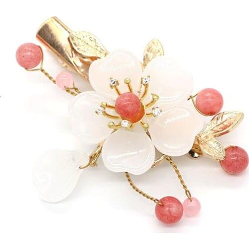 Ethnic Crystal Pink Floral Hair Clip Barrettes Red Bead Gold Leaf Branch Headpiece Ethnic Women Accessories Jewelry Hairpin