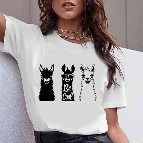 Women Casual White Tops Casual T Shirt Alpaca cartoon printed T-shirt Vogue T-shirt ladies summer casual hot selling T-shirt