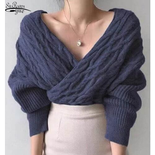 2021 Autumn Winter New Knitted Shirt for Women V-neck Long Sleeve Solid Tops Sexy Cross Irregular Womens Sweater Elegant 16143