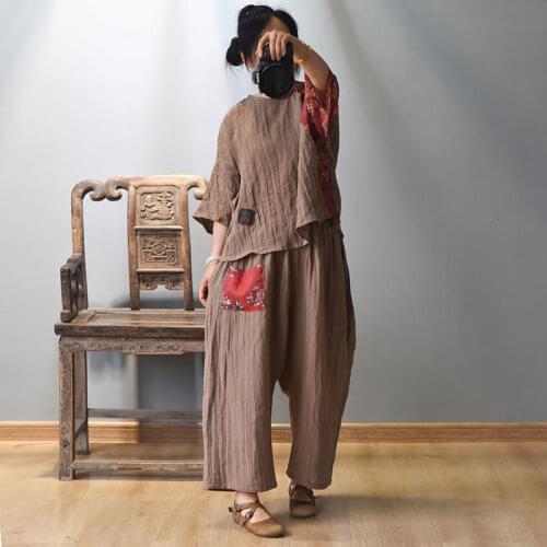Women Linen Patchwork Elastic Waist Pants Ladies 2020 Vintage Flax Spliced Trousers Female Loose Linen Pants
