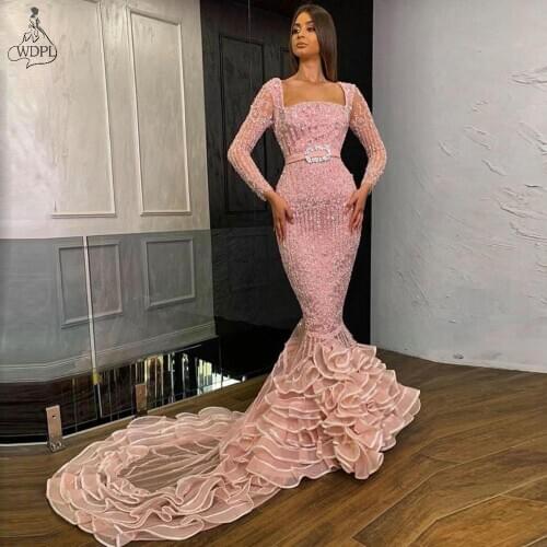 2020 Couture Sparkly Beads Mermaid Prom Dresses Long Sleeves Square Ruffled Evening Gowns Arabic Abiye Women Event Party Gowns