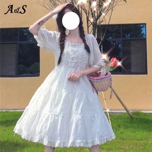 Anbenser Summer Women Japanese Lolita Style New Gothic Victorian White High Waist Dress Lolita Daily Dresses Party Kawaii Dress