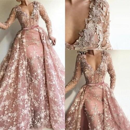 Pink V Neck Lace Mermaid Evening Dresses Long Sleeves Applique Prom Gowns With Detachable Train Formal Dresses Evening Wear