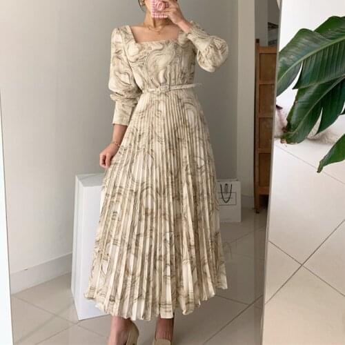 Aibeautyer New 2021 High Waist Printed Floral Vintage Pleated With Belt Korean Long Dress Women Summer Autunm Dresses