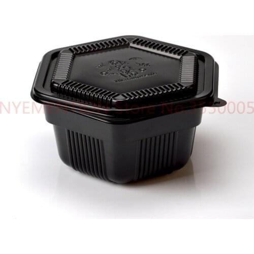 200 Pcs Disposable lunch box 2 layer Japanese Hexagon Food Containers lid Takeout Bento box black plastic bowl Microwaveable