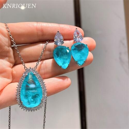 2021 New 925 Sterling Silver Lab Diamonds Paraiba Tourmaline Aquamarine Earrings Pendant Necklace Wedding Jewelry Sets for Women
