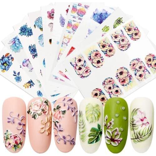 1 Sheet 3D Nail Sticker Embossed Flower Decals Engraved Flower Adhesive Manicure DIY Transfer Stickers