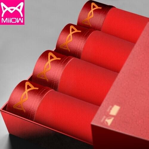 4PCS Red underwear mens solid color stretch cotton natal year mens boxer shorts cow married youth shorts head
