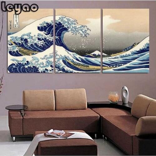 Diamond Painting Cross Stitch Kits Home Decor 3 Pieces Katsushika Hokusai Great Wave Off Kanagawa Views Of Mount Fuji Painting