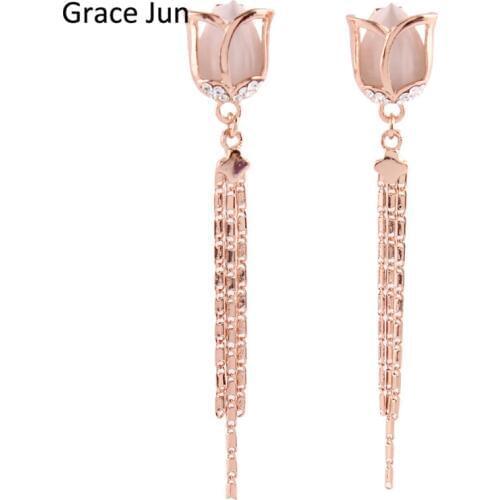 Grace Jun High Quality Long Rose Flower Shape Tassel Clip on Earrings Without Piercing for Women Party Weddng Luxury Ear Clip