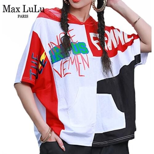 Max LuLu 2021 Summer New Designer Style Womens Mesh Hooded Tees Ladies Patchwork Printed Tshirts Female Fitness Oversized Tops