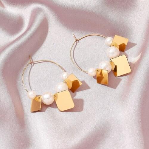 Retro Geometric Square Hanging Earrings Imitation Pearls Dangle Drop Earrings Exaggerated Circle Huggies Earrings Jewelry Gifts
