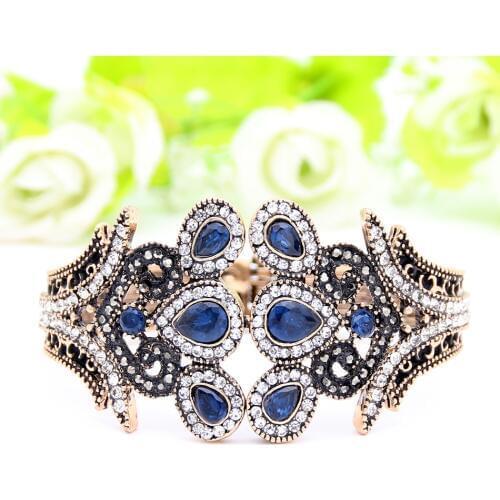 Exquisite Ethnic Resin Flower Bangle Bracelet Turkish Crystal Jewelry Cuff Antique Gold Color Peacock Bracelets Tulip Bangle
