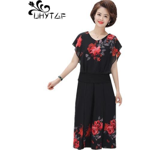 UHYTGF 2 piece set women fashion chiffon printed short top+skirt pants summer suit female thin 5XL plus size two piece sets 1560