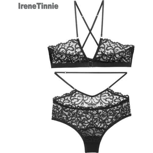 IRENE TINNIE Fashion Sexy Lace Lingerie Sets Front Buckle Ultrathin Transparent Breathable Adjustable Shoulder Strap Underwear