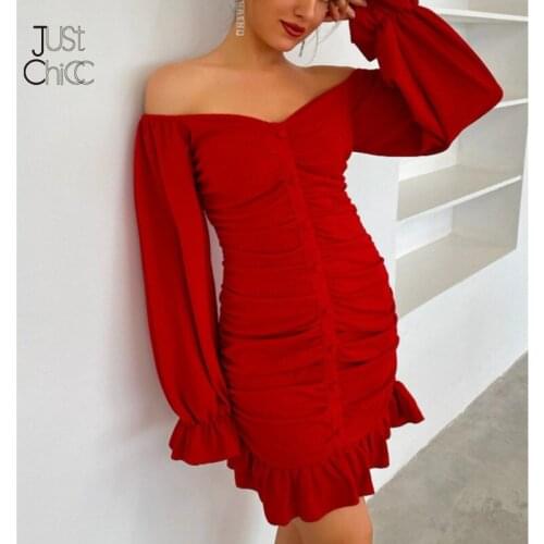Justchicc Ruffles Mini Red Summer Dress Women Off Shoulder Sexy Backless Party Dresses Long Sleeves Bodycon Dress Vestidos 2021