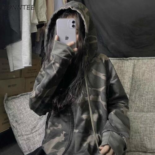 Jackets Women Camouflage Hooded Zip-up Loose New Arrival Outerwear BF Streetwear Korean Style Chic Student Trendy Womens Daily