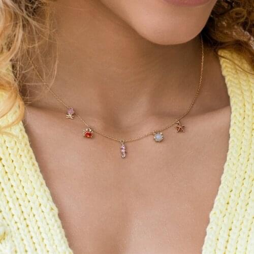 Bohemian Colorful Zircon 14K Gold Plated Chain Necklace for Women Small Marine Animal Pendant Clavicle Necklace Summer Jewelry