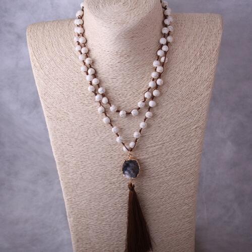 Fashion White Stones Knotted Rope Druzy Link Long Tassel Necklace Handmade Women Natural Stone Necklace