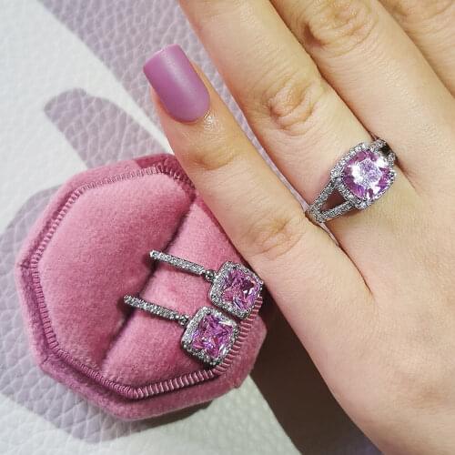 2pcs Pack 925 Sterling Silver Jewelry set halo Engagement ring round stud earring for Wedding christmas gift party J4938-PINK